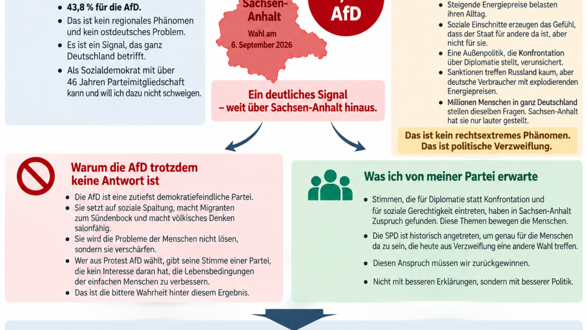 Infografik zum Wahlergebnis der AfD in Sachsen-Anhalt mit 43,8 Prozent und Einordnung als bundesweites Signal