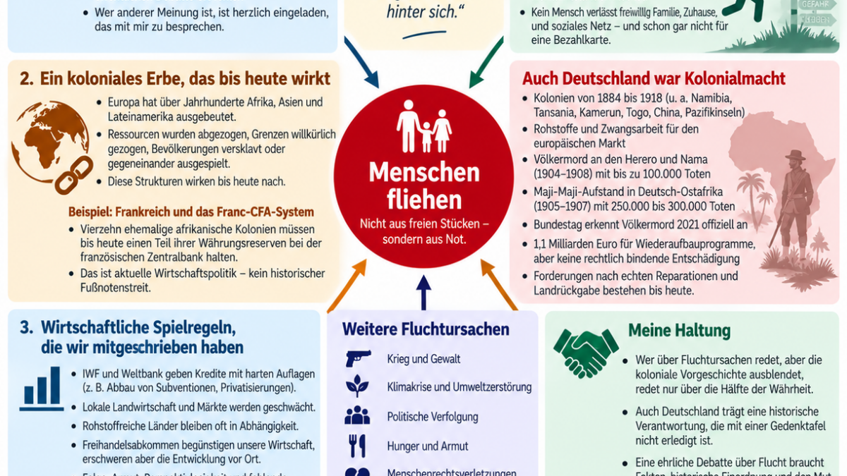 Infografik zu den echten Ursachen von Flucht, Kolonialgeschichte, wirtschaftliche Abhängigkeit und globale Verantwortung
