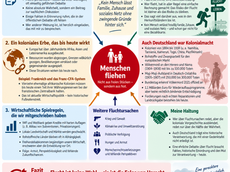 Infografik zu den echten Ursachen von Flucht, Kolonialgeschichte, wirtschaftliche Abhängigkeit und globale Verantwortung